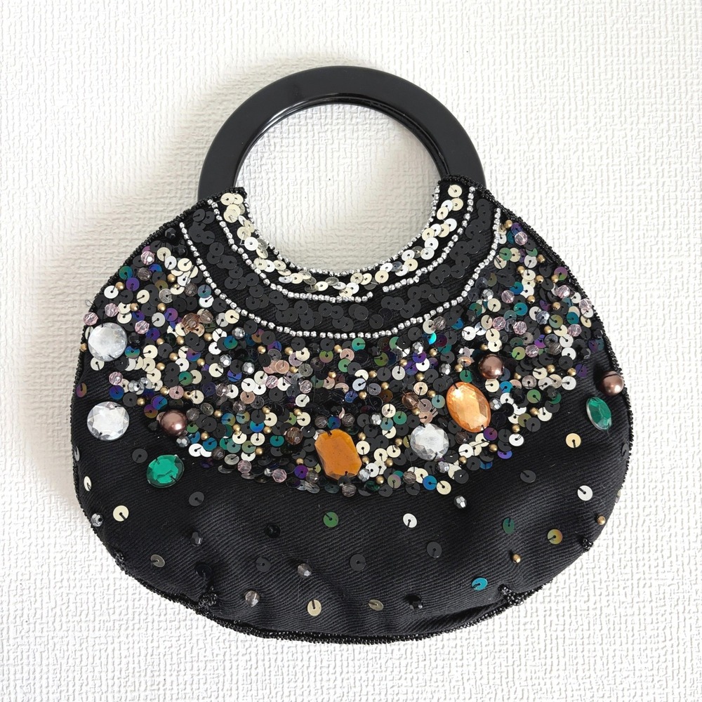 Bijoux Terner Handbag Beaded Sequin Gemstone Small Black Purse